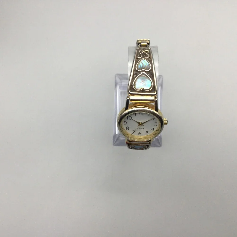 Vintage Abalone Heart Watch Womens 24mm Gold Tone Stretch Band New Battery - Picture 3 of 14
